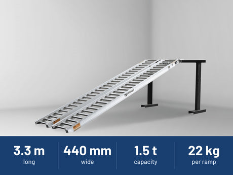Sureweld 1.5-Tonne 3.3m x 440mm Rubber Series Aluminium Loading Ramps: 3.3 m long, 440 mm wide, 1.5 t capacity, 22 kg per ramp