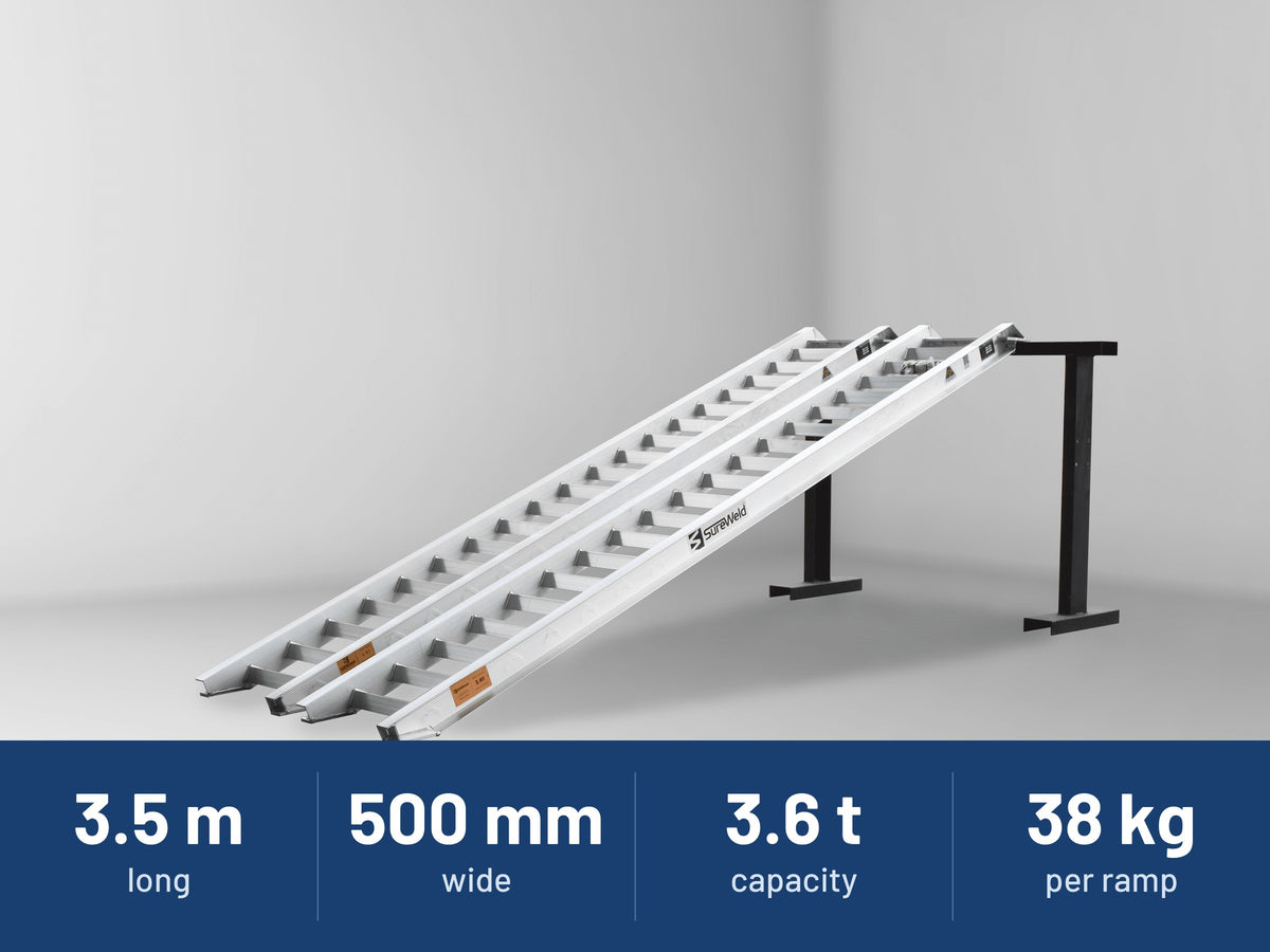 Sureweld 3.6-Tonne 3.5m x 500mm Track Series Aluminium Loading Ramps: 3.5 m long, 500 mm wide, 3.6 t capacity, 38 kg per ramp