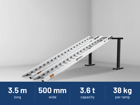 Sureweld 3.6-Tonne 3.5m x 500mm Track Series Aluminium Loading Ramps: 3.5 m long, 500 mm wide, 3.6 t capacity, 38 kg per ramp