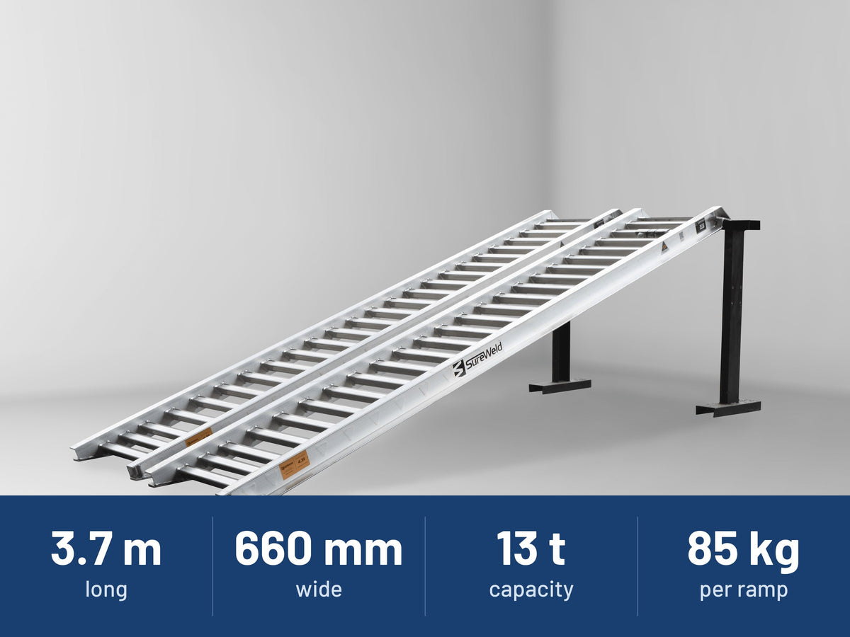 Sureweld 13-Tonne 3.7m x 660mm Rubber Series Aluminium Loading Ramps: 3.7 m long, 660 mm wide, 13 t capacity, 85 kg per ramp