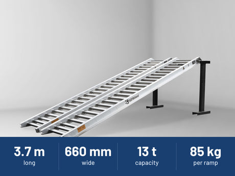 Sureweld 13-Tonne 3.7m x 660mm Rubber Series Aluminium Loading Ramps: 3.7 m long, 660 mm wide, 13 t capacity, 85 kg per ramp