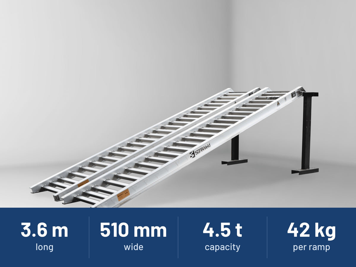 Sureweld 4.5-Tonne 3.6m x 510mm Rubber Series Aluminium Loading Ramps: 3.6 m long, 510 mm wide, 4.5 t capacity, 42 kg per ramp