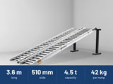 Sureweld 4.5-Tonne 3.6m x 510mm Rubber Series Aluminium Loading Ramps: 3.6 m long, 510 mm wide, 4.5 t capacity, 42 kg per ramp