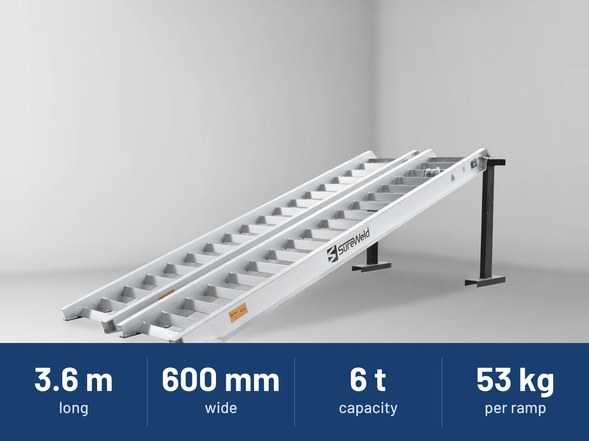 Sureweld 6-Tonne 3.6m x 600mm Track Series Aluminium Loading Ramps: 3.6 m long, 600 mm wide, 6 t capacity, 53 kg per ramp