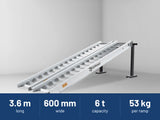 Sureweld 6-Tonne 3.6m x 600mm Track Series Aluminium Loading Ramps: 3.6 m long, 600 mm wide, 6 t capacity, 53 kg per ramp