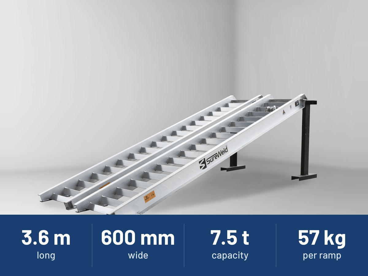 Sureweld 7.5-Tonne 3.6m x 600mm Track Series Aluminium Loading Ramps: 3.6 m long, 600 mm wide, 7.5 t capacity, 57 kg per ramp