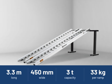 Sureweld 3-Tonne 3.3m x 450mm Track Series Aluminium Loading Ramps: 3.3 m long, 450 mm wide, 3 t capacity, 33 kg per ramp