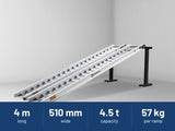 Sureweld 4.5-Tonne 4m x 510mm Track Series Aluminium Loading Ramps: 4 m long, 510 mm wide, 4.5 t capacity, 57 kg per ramp (ramp pictured is the 3.6m model)