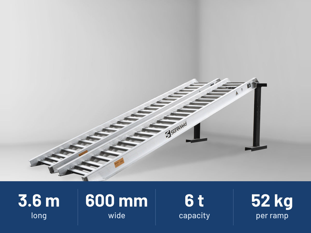 Sureweld 6-Tonne 3.6m x 600mm PT Series Aluminium Loading Ramps: 3.6 m long, 600 mm wide, 6 t capacity, 52 kg per ramp