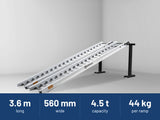 Sureweld 4.5-Tonne 3.6m x 560mm Track Series Aluminium Loading Ramps: 3.6 m long, 560 mm wide, 4.5 t capacity, 44 kg per ramp