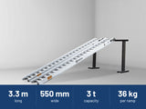 Sureweld 3-Tonne 3.3m x 550mm PT Series Aluminium Loading Ramps: 3.3 m long, 550 mm wide, 3 t capacity, 36 kg per ramp