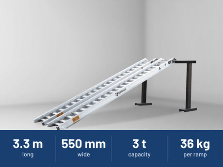 Sureweld 3-Tonne 3.3m x 550mm PT Series Aluminium Loading Ramps: 3.3 m long, 550 mm wide, 3 t capacity, 36 kg per ramp