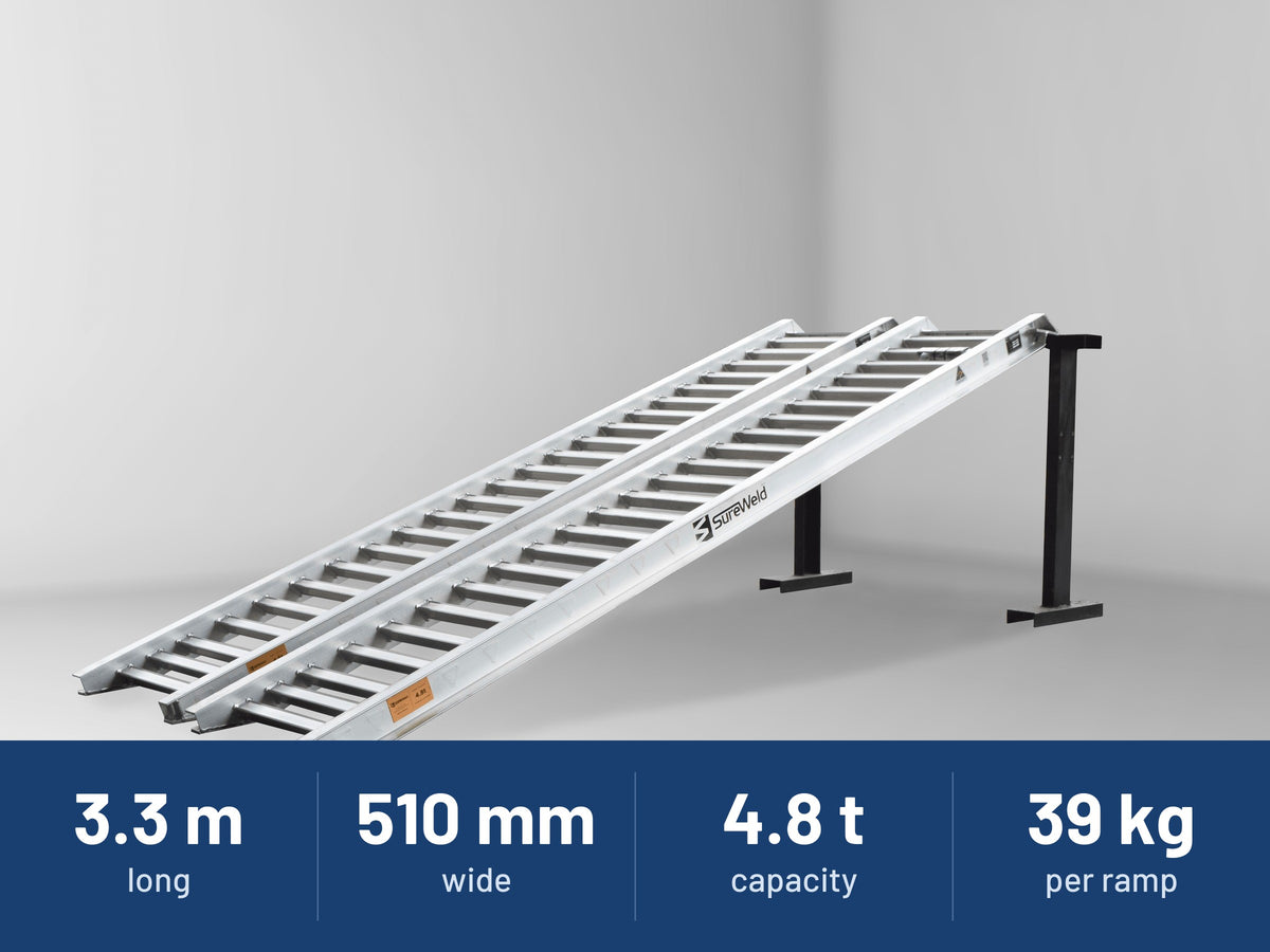 Sureweld 4.8-Tonne 3.3m x 510mm Rubber Series Aluminium Loading Ramps: 3.3 m long, 510 mm wide, 4.8 t capacity, 39 kg per ramp