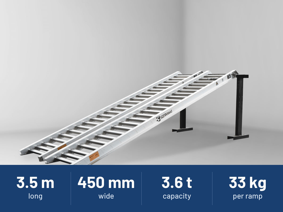 Sureweld 3.6-Tonne 3.5m x 450mm Rubber Series Aluminium Loading Ramps: 3.5 m long, 450 mm wide, 3.6 t capacity, 33 kg per ramp