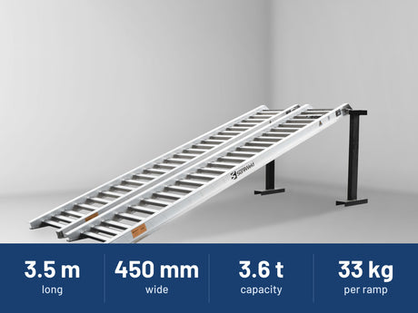 Sureweld 3.6-Tonne 3.5m x 450mm Rubber Series Aluminium Loading Ramps: 3.5 m long, 450 mm wide, 3.6 t capacity, 33 kg per ramp