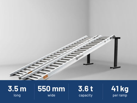 Sureweld 3.6-Tonne 3.5m x 550mm PT Series Aluminium Loading Ramps: 3.5 m long, 550 mm wide, 3.6 t capacity, 41 kg per ramp