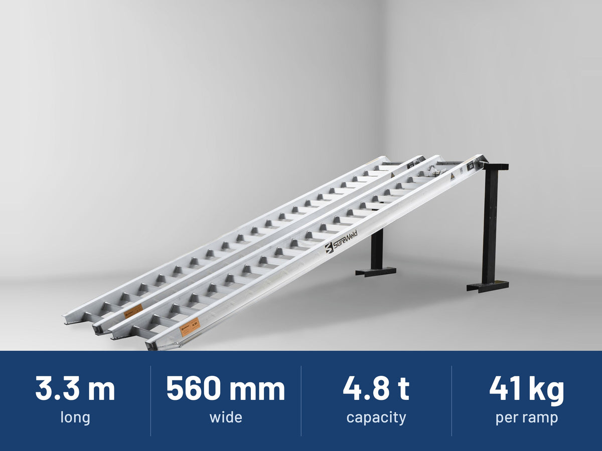 Sureweld 4.8-Tonne 3.3m x 560mm Track Series Aluminium Loading Ramps: 3.3 m long, 560 mm wide, 4.8 t capacity, 41 kg per ramp