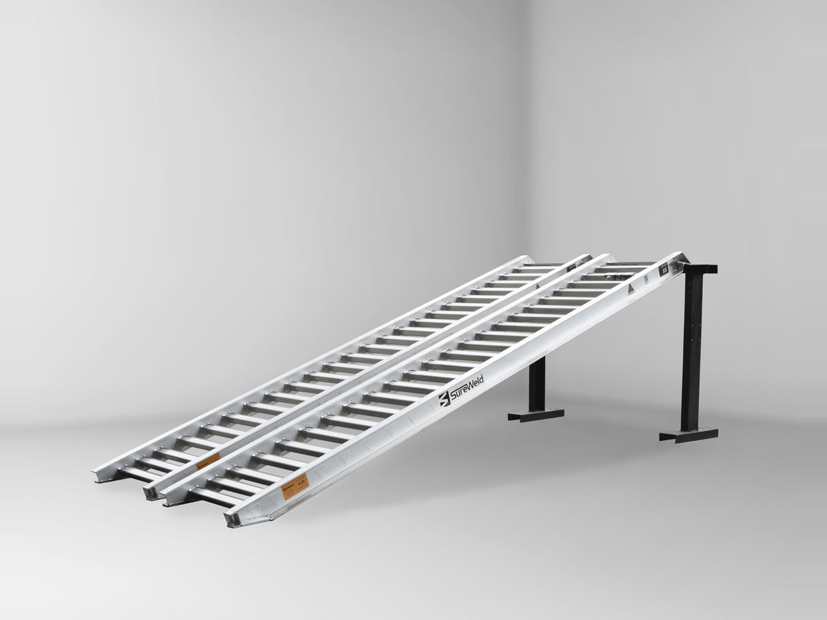 Sureweld 4.5 tonne 3.6m x 610mm PT Series aluminium machinery loading ramps, pair, on stands