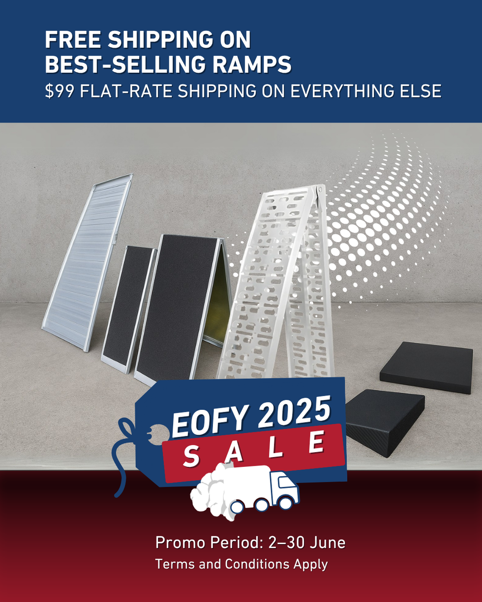 EOFY 2025 sale banner showcasing a range of aluminium and rubber ramps on a concrete surface. Text reads: 'Free Shipping on Best-Selling Ramps, $99 Flat-Rate Shipping on Everything Else'. A blue and red EOFY 2025 SALE tag graphic with a delivery truck icon is displayed, with promo period noted as 2–30 June. Terms and Conditions Apply.