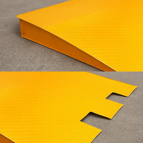 Kartrite 7-Tonne Steel Container Ramp - two close-ups: side profile and notched edge