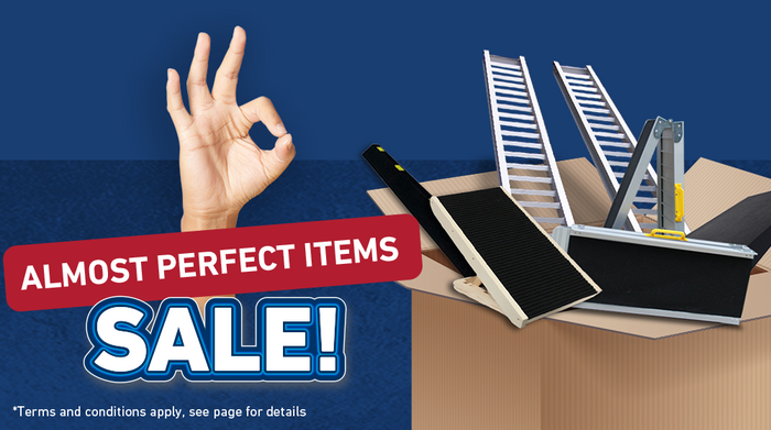 Promotional banner with a hand making an 'OK' sign, tools in a box, and text about a sale.