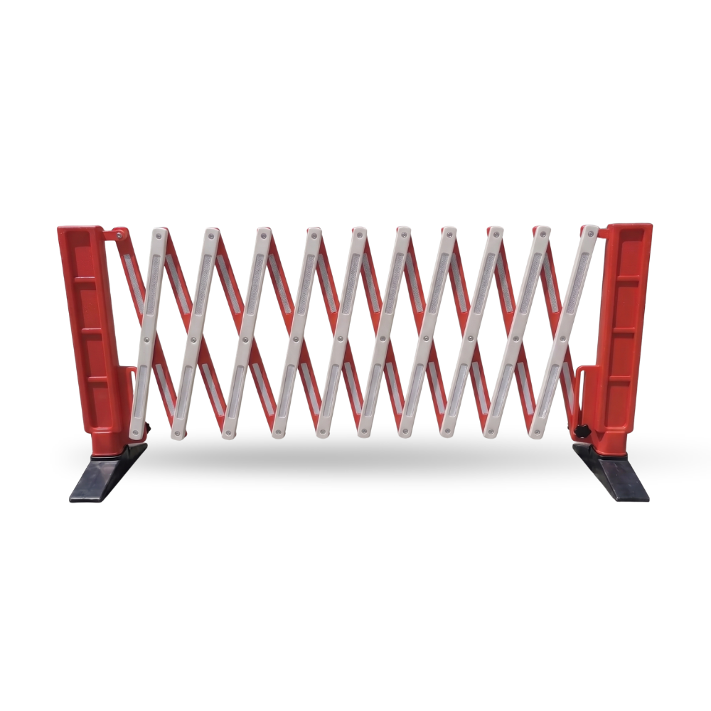 Red and white portable barrier on a white background