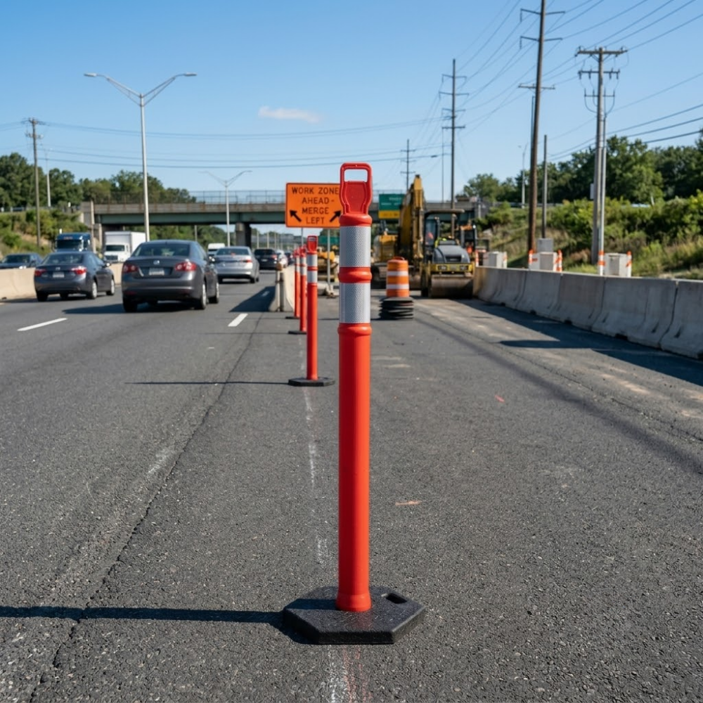 Roadwork on a highway with traffic cones and barriers