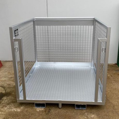 Front view of the DHE Forklift Stock Picking Cage with a gate for easy access. The robust steel floor and mesh walls ensure safety and stability during lifting