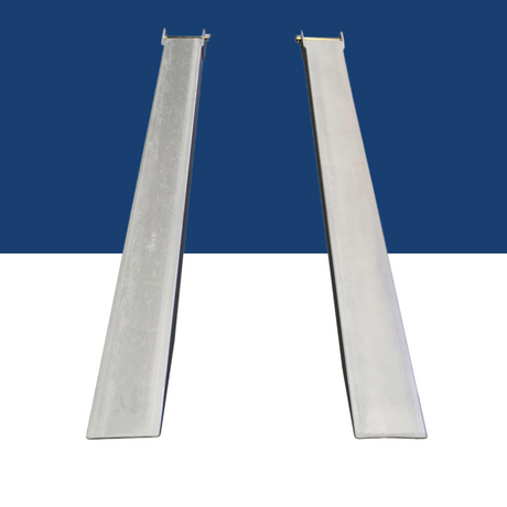 DHE Standard Duty Forklift Slippers - Galvanised Finish
Two silver galvanised steel forklift slippers displayed on a blue and white background, highlighting their corrosion-resistant surface.