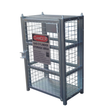 Metal storage cage with a 'Danger' sign in front on a white background