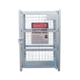 Metal gas cylinder storage cage with warning sign on a white background