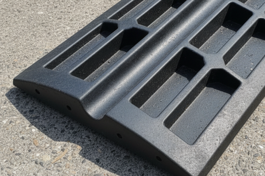 Black rubber ramp bottom view with grid pattern on a concrete surface