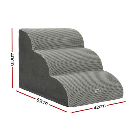 i.Pet 3-Step 30D Foam Dog Stairs with Washable Cover – Grey - size: 57cm long, 42cm wide, 40cm high