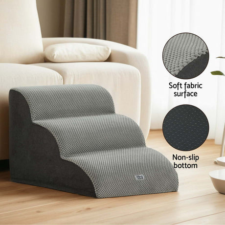 i.Pet 3-Step 30D Foam Dog Stairs with Washable Cover – Grey - soft fabric surface and non-slip bottom