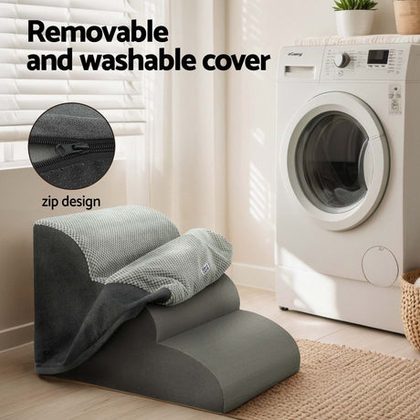 i.Pet 3-Step 30D Foam Dog Stairs with Washable Cover – Grey - removable washable cover with zip