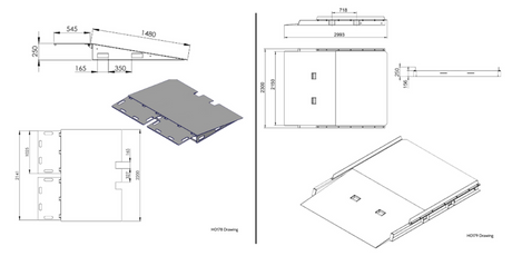 Heeve Heavy-Duty Forklift Container Ramp with 8000kg Capacity and Raised Sides - dimensional line drawings of HO178 and HO179 ramps