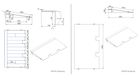 Technical drawing with dimensions and layout of a metal ramp
