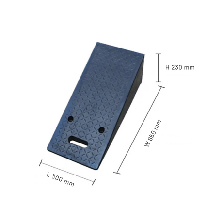 A black rubber wedge ramp with dimensions: Length 300 mm, Width 650 mm, and Height 230 mm, on a plain white background.