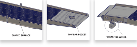 Heeve Forklift Low Dock Ramp/Yard Ramp with Grated Surface - Manual - drawings of the grated surface, tow bar pocket and PU casting wheel