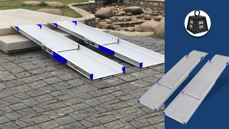 Heeve Premium Wide Telescopic Aluminium Wheelchair Ramp - two ramps set on paved steps, with a 300kg weight icon and the pair shown on a blue panel