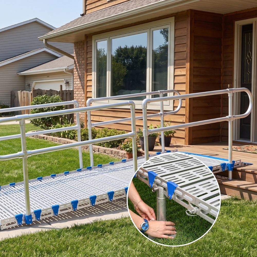 A metal outdoor wheelchair ramp with silver rails and blue corner accents installed in a grassy yard in front of a house. A circular inset shows a person adjusting a post near the ramp.