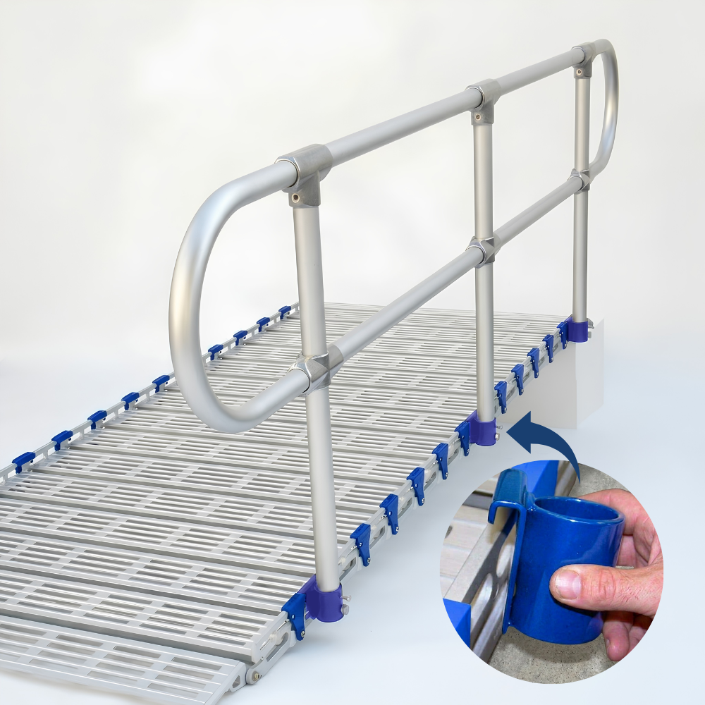 Silver metal walkway handrails and blue plastic clamps securing a ramp, shown on a white background with a circular inset demonstrating the clamp installation.