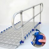 Silver metal walkway handrails and blue plastic clamps securing a ramp, shown on a white background with a circular inset demonstrating the clamp installation.