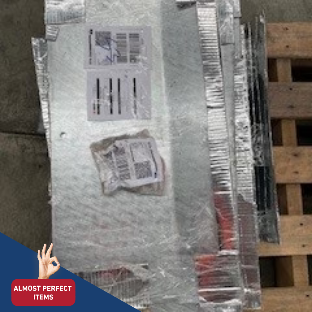 Stack of metal panels with packaging on a wooden pallet, labeled 'Almost Perfect Items'.