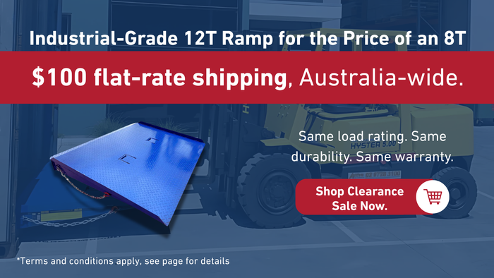 Advertisement for an industrial-grade 12T ramp with a forklift in the background, highlighting shipping offer.