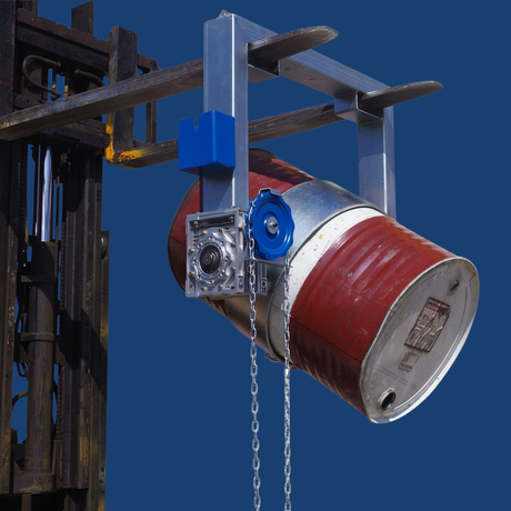 Red metal drum with a blue lifting device on a blue background
