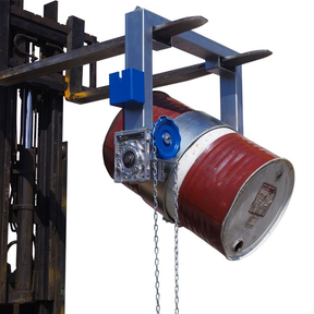 Red metal drum with a blue lifting device attached, on a white background
