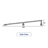 Side view diagram of a 100mm wide, 14mm high aluminium threshold plate with support feet and a sloped ramp profile.