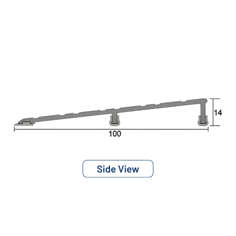 Side view diagram of a 100mm wide, 14mm high aluminium threshold plate with support feet and a sloped ramp profile.
