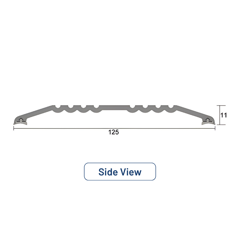 Side view diagram of a 125mm wide, 14mm high aluminium threshold plate with support feet and a sloped ramp profile.